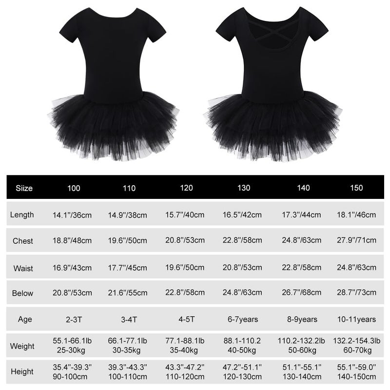 Bezioner Girls Cotton Ballet Dance Dress Cute Tutu Skirted Leotard Short Sleeve Black Size 8-9 Years - Image 3
