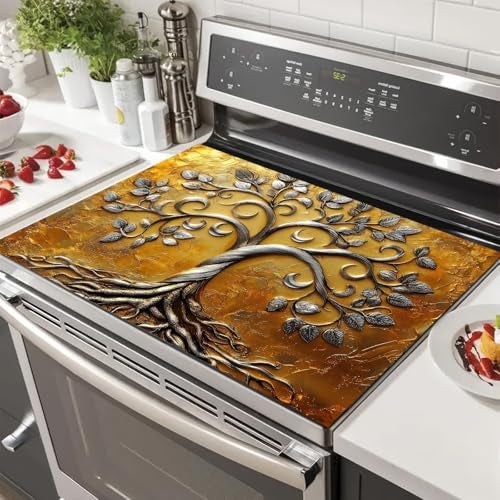 HOMETITUTE Stove Top Covers Pad Silver Tree of Life Kitchen Decorations 28 x 20 inches Stove Top Cover for Electric Coffee Bar Mats Pad Fit Coffee Maker Machine Countertops and Sinks - Image 1