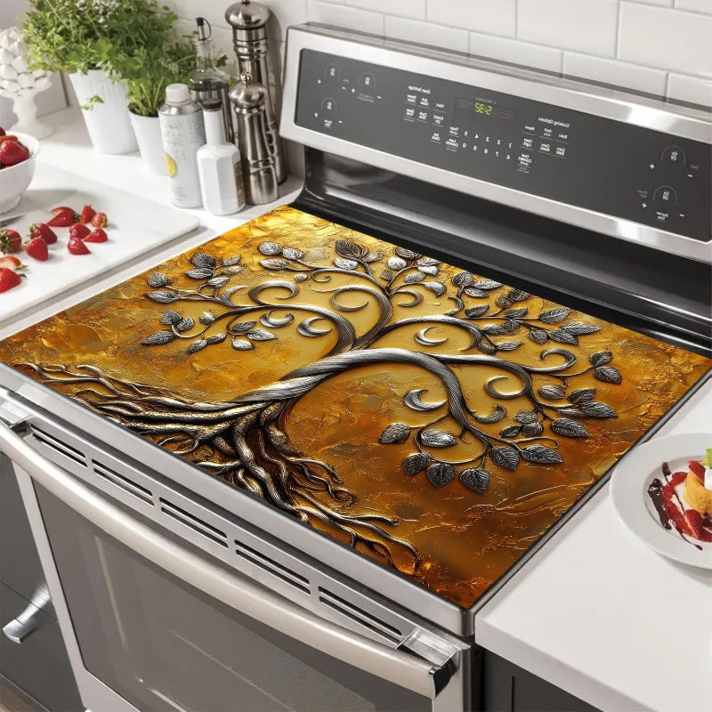 HOMETITUTE Stove Top Covers Pad Silver Tree of Life Kitchen Decorations 28 x 20 inches Stove Top Cover for Electric Coffee Bar Mats Pad Fit Coffee Maker Machine Countertops and Sinks - Image 2
