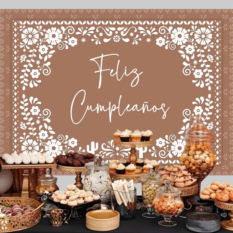 Withu Floral Feliz CumpleaÃ±os Backdrop for Birthday Party Decorations Mexican Cake Table Wall Banner Mexico Flowers Cactus Cino De Mayo Carnival Fiesta Photography Background Brown 7x5ft - Image 2