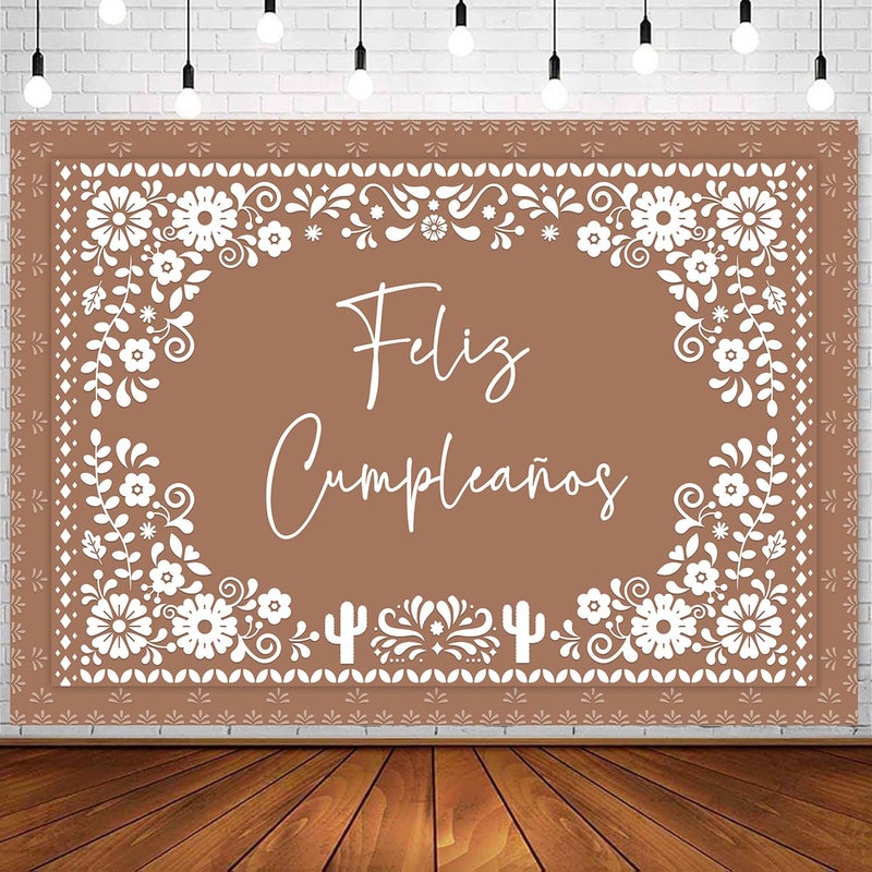 Withu Floral Feliz CumpleaÃ±os Backdrop for Birthday Party Decorations Mexican Cake Table Wall Banner Mexico Flowers Cactus Cino De Mayo Carnival Fiesta Photography Background Brown 7x5ft - Image 1