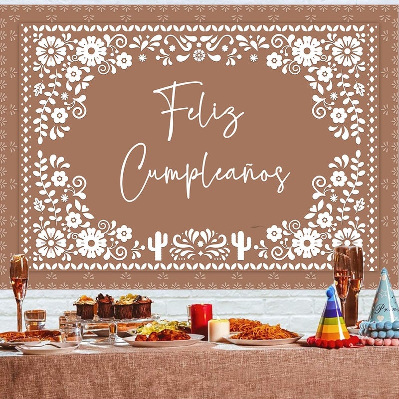 Withu Floral Feliz CumpleaÃ±os Backdrop for Birthday Party Decorations Mexican Cake Table Wall Banner Mexico Flowers Cactus Cino De Mayo Carnival Fiesta Photography Background Brown 7x5ft - Image 4