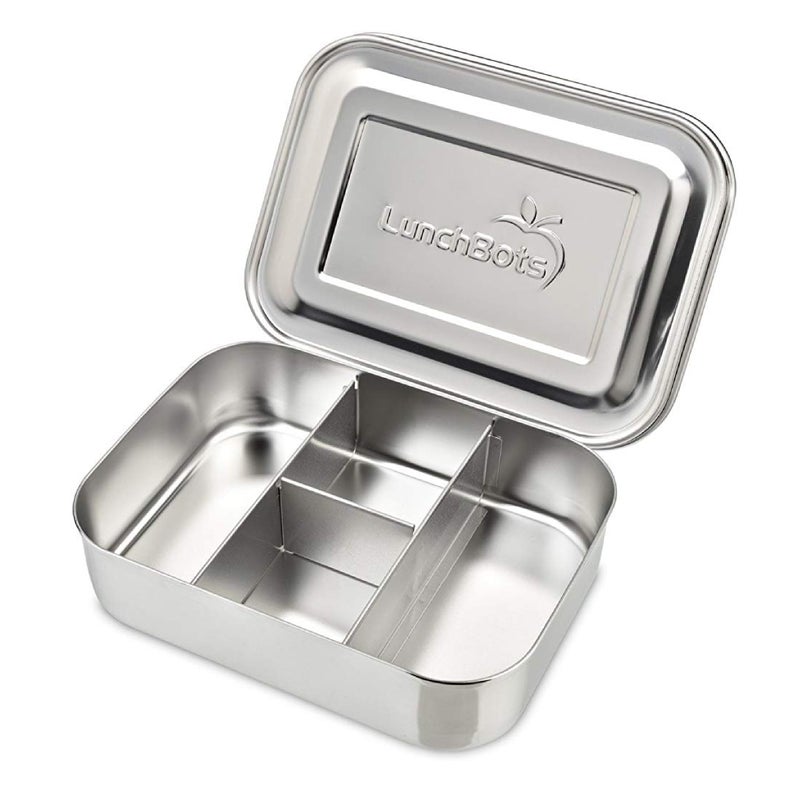 LunchBots Small Protein Packer Bento Box - Extra Small Divided Stainless Steel Snack Container - 4 Sections for 1-2oz of Nuts, Meat, Cheese, Finger Foods - Dishwasher Safe - Stainless Lid - Image 1
