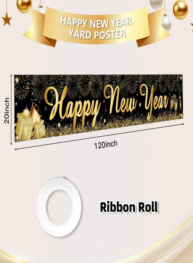 QIHOMPIB Happy New Year Yard Sign Banner(20x120 Inch) Black Gold New Years Inflatables Eve Party Supplies Favors Decorations 2026 Outdoor Front Door Garden Streamers Banner Flag Xmas Christmas NYE Decor - Image 2