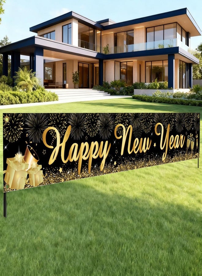 QIHOMPIB Happy New Year Yard Sign Banner(20x120 Inch) Black Gold New Years Inflatables Eve Party Supplies Favors Decorations 2026 Outdoor Front Door Garden Streamers Banner Flag Xmas Christmas NYE Decor - Image 1