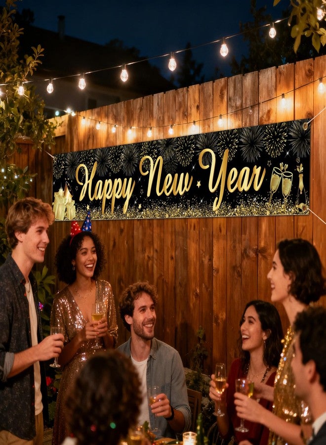 QIHOMPIB Happy New Year Yard Sign Banner(20x120 Inch) Black Gold New Years Inflatables Eve Party Supplies Favors Decorations 2026 Outdoor Front Door Garden Streamers Banner Flag Xmas Christmas NYE Decor - Image 5