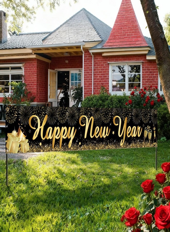 QIHOMPIB Happy New Year Yard Sign Banner(20x120 Inch) Black Gold New Years Inflatables Eve Party Supplies Favors Decorations 2026 Outdoor Front Door Garden Streamers Banner Flag Xmas Christmas NYE Decor - Image 4