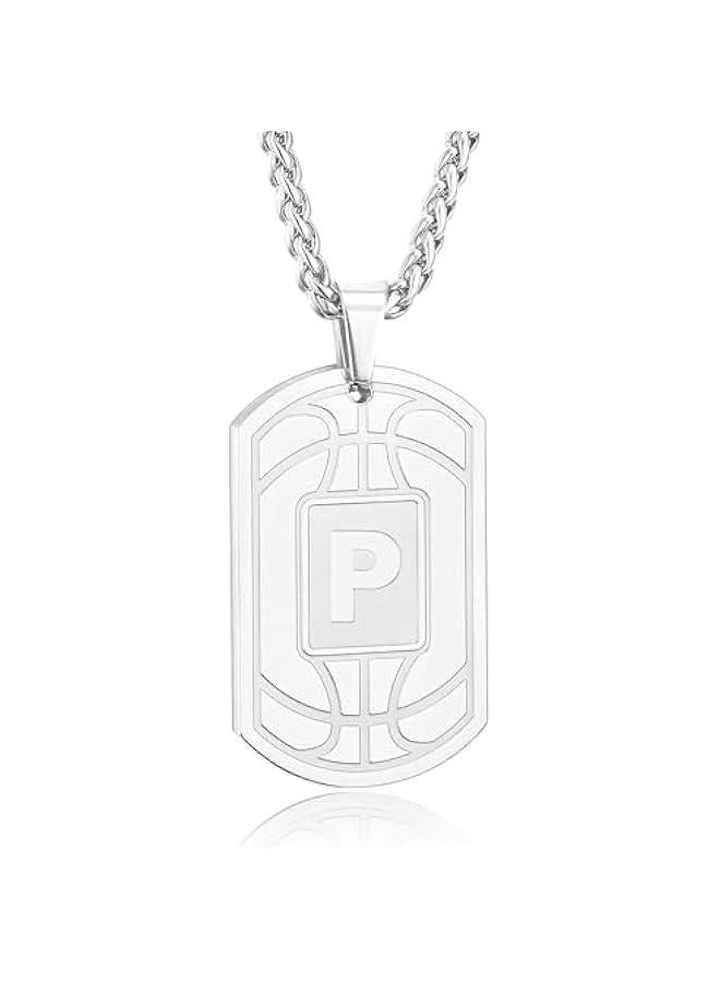 Basketball Initial Necklace for Men Boys Teen Kids Dog Tag Stainless Steel Sliver/Black/Gold Letter Pendant Sport Basketball Athletes Jewelry Gifts  Gifts for Kids Boys Men Teens - Image 1