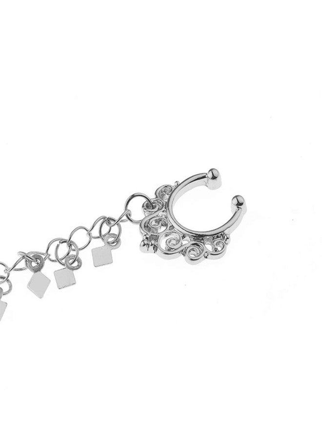 ايميميير أقراط أنف مزيفة من Aimimier بتصميم بانك، بدون ثقب، مزينة بشرابة، سلسلة من الأذن إلى الأنف، مجوهرات هندية بسيطة للنساء (فضية) - Image 4