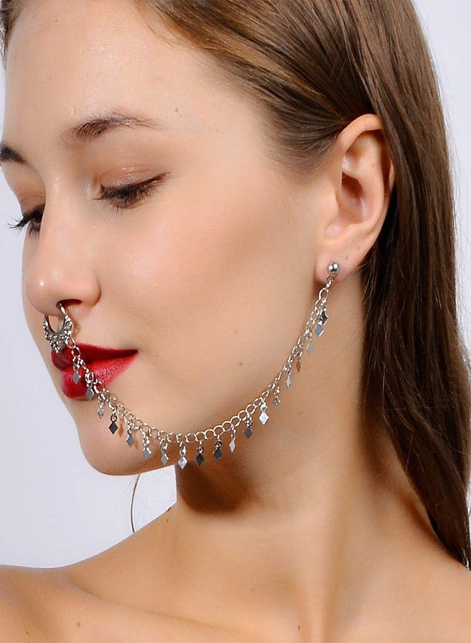 ايميميير أقراط أنف مزيفة من Aimimier بتصميم بانك، بدون ثقب، مزينة بشرابة، سلسلة من الأذن إلى الأنف، مجوهرات هندية بسيطة للنساء (فضية) - Image 1