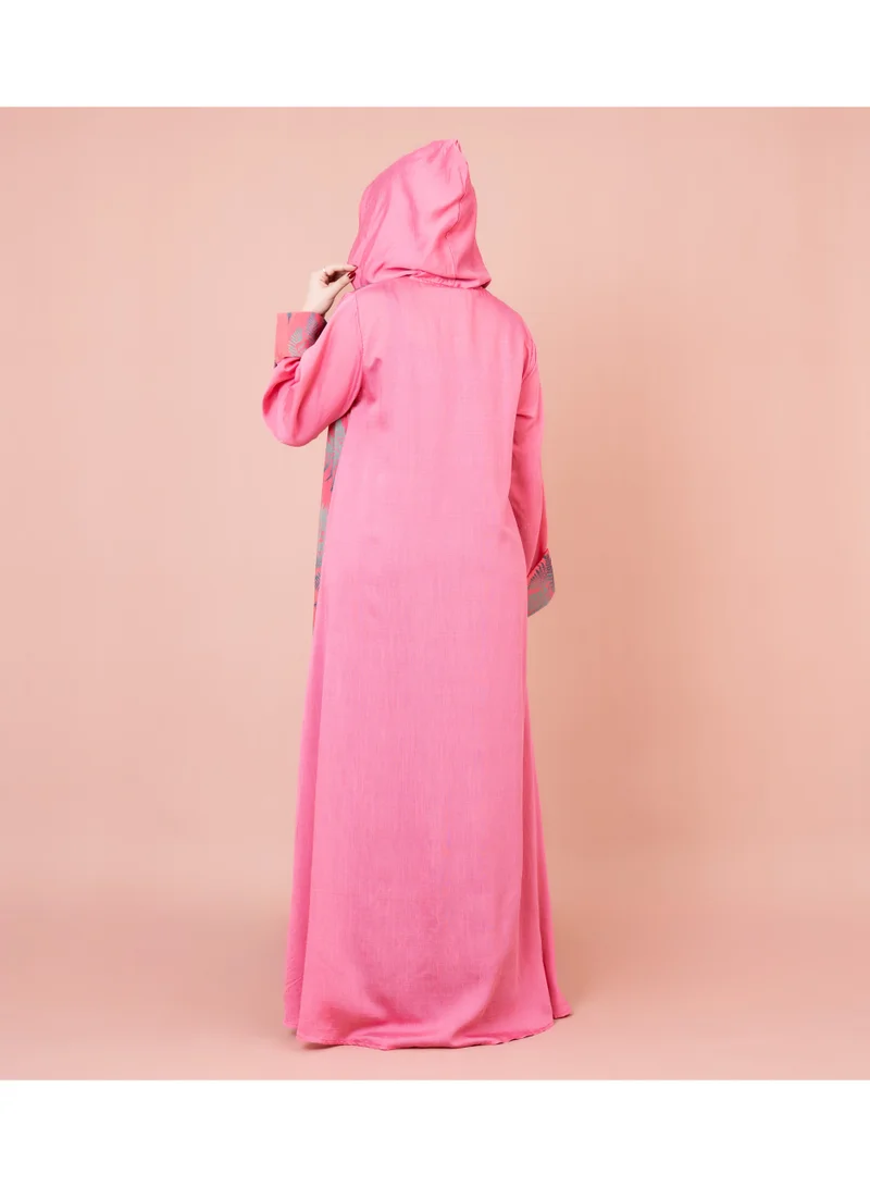 IKKXA Hooded Leaf Print Jalabiya IK1033 Pink