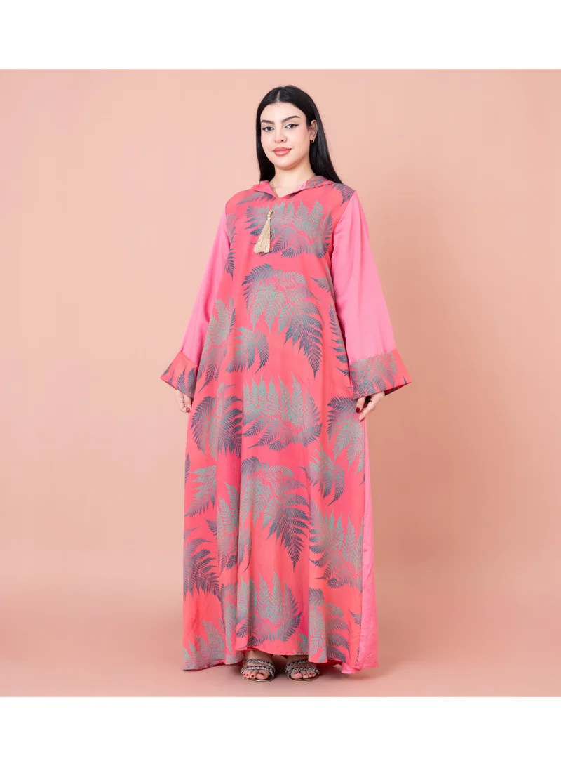 IKKXA Hooded Leaf Print Jalabiya IK1033 Pink