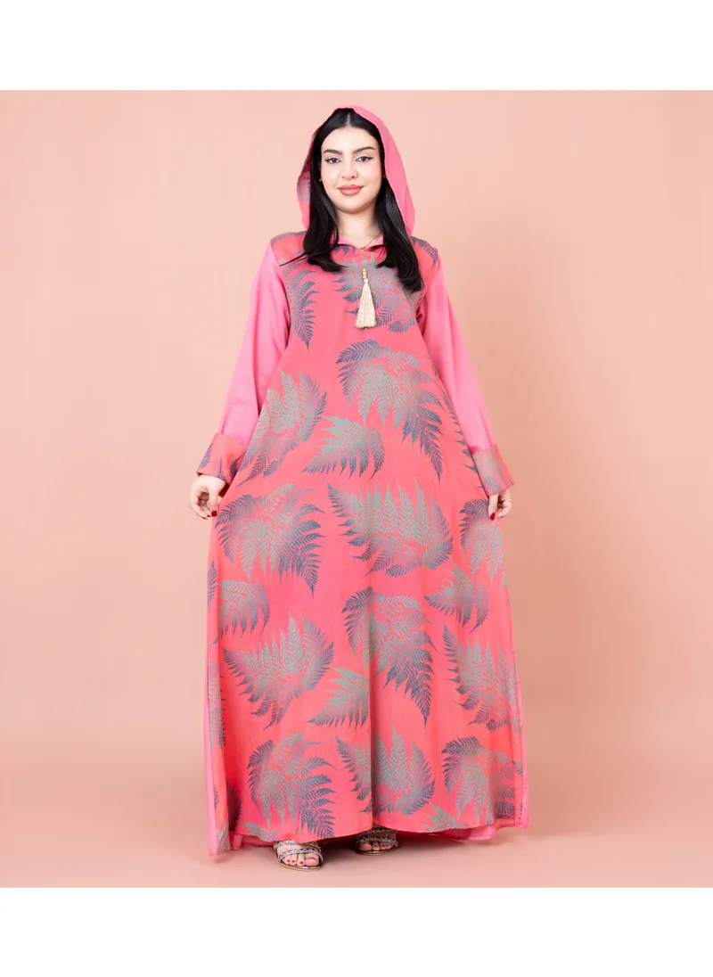 IKKXA Hooded Leaf Print Jalabiya IK1033 Pink