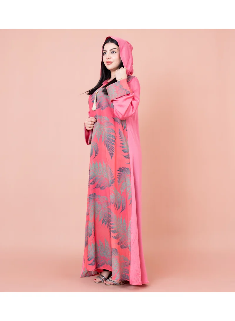 IKKXA Hooded Leaf Print Jalabiya IK1033 Pink