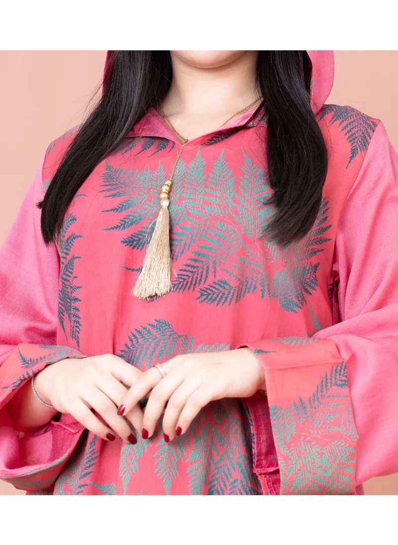 IKKXA Hooded Leaf Print Jalabiya IK1033 Pink