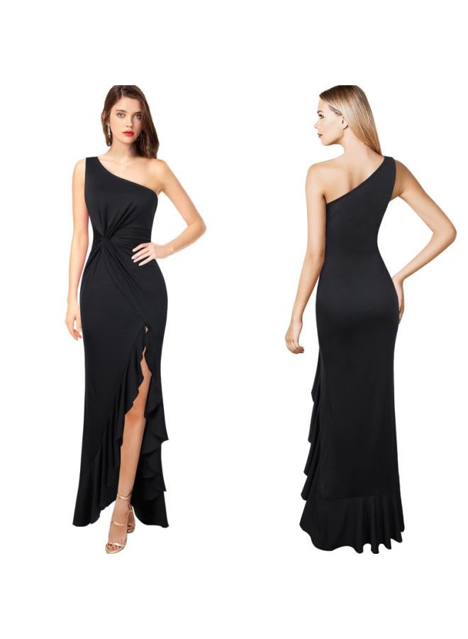 Summer Single Shoulder Evening Dress Women's Black Big Swing Dress Slim Dress Dress A Generation Of Hair 
