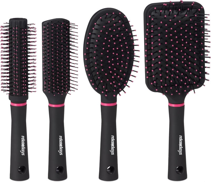 Relaxdays Hairbrushes Set of 4 Travel Bag Round Rectangular Paddle Detangle