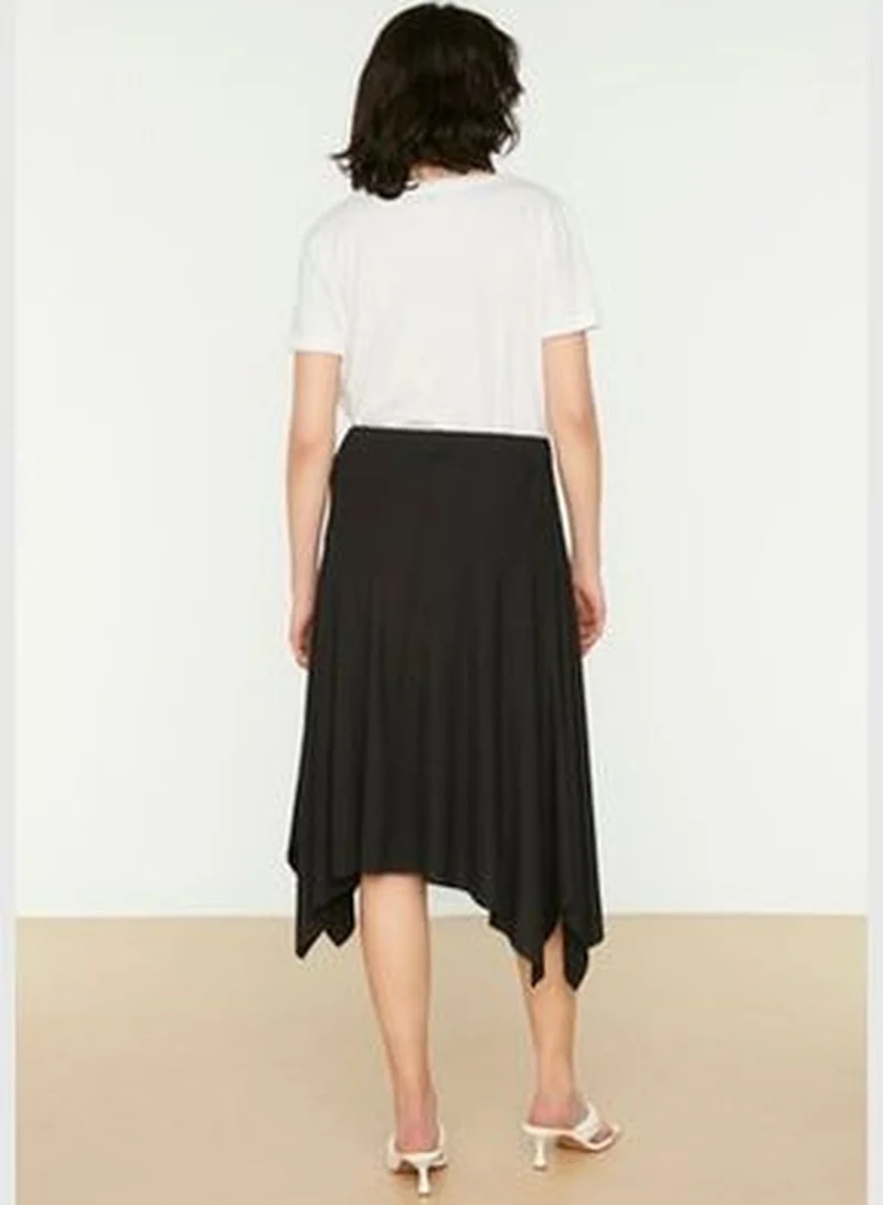 trendyol Black Ruffle Asymmetrical High Waist Midi Stretch Knitted Skirt TWOAW20ET0440
