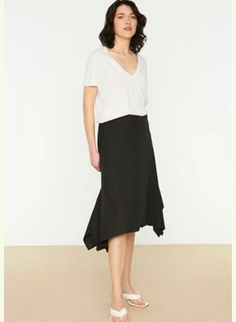 trendyol Black Ruffle Asymmetrical High Waist Midi Stretch Knitted Skirt TWOAW20ET0440