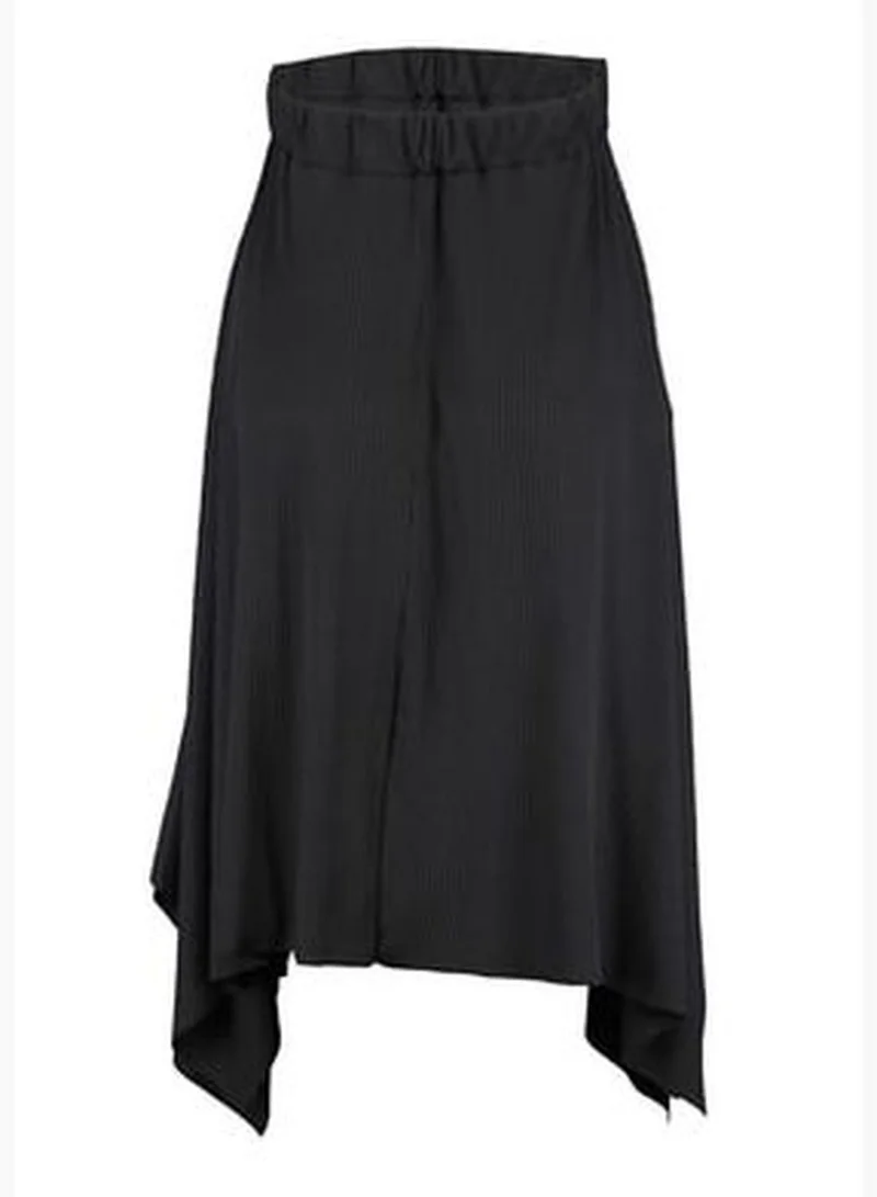 trendyol Black Ruffle Asymmetrical High Waist Midi Stretch Knitted Skirt TWOAW20ET0440