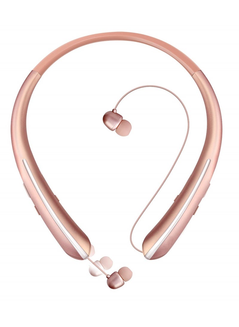 SYOSI Neckband Bluetooth Headphones with Retractable Earbuds, Wireless Noise Cancelling Sport Headset 3D Sound Surround Bluetooth Headphones Call Vibrate Alert Earphones with Mic (Rose Gold) - Image 1
