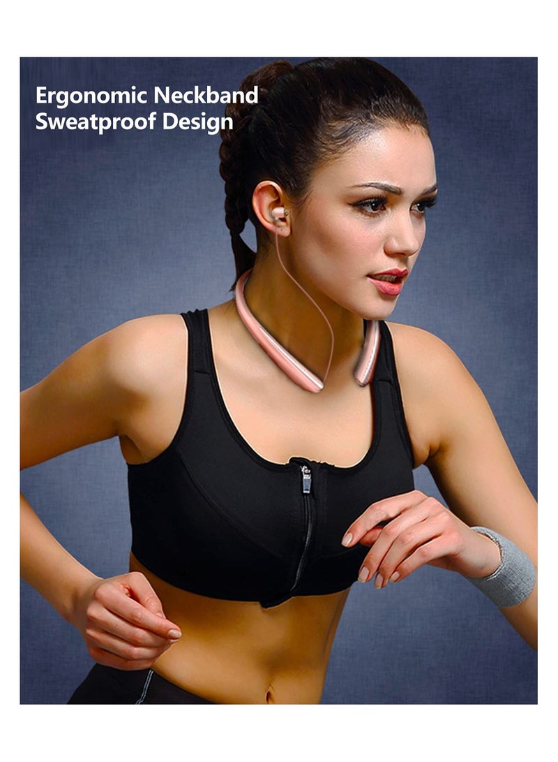 SYOSI Neckband Bluetooth Headphones with Retractable Earbuds, Wireless Noise Cancelling Sport Headset 3D Sound Surround Bluetooth Headphones Call Vibrate Alert Earphones with Mic (Rose Gold) - Image 5