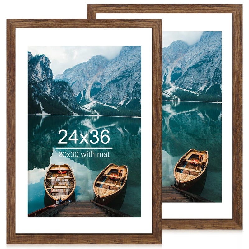 Hongkee 24x36 Poster Frame Set of 2, Rustic Brown Wood Style - Display 20x30 Picture with Mat or 24 x 36 Poster without Mat, Wall Mounting Horizontal and Vertical - Image 1
