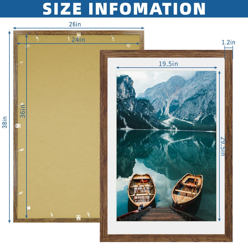 Hongkee 24x36 Poster Frame Set of 2, Rustic Brown Wood Style - Display 20x30 Picture with Mat or 24 x 36 Poster without Mat, Wall Mounting Horizontal and Vertical - Image 3