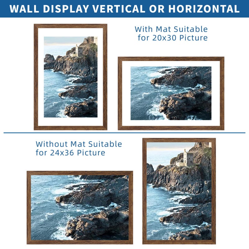 Hongkee 24x36 Poster Frame Set of 2, Rustic Brown Wood Style - Display 20x30 Picture with Mat or 24 x 36 Poster without Mat, Wall Mounting Horizontal and Vertical - Image 2