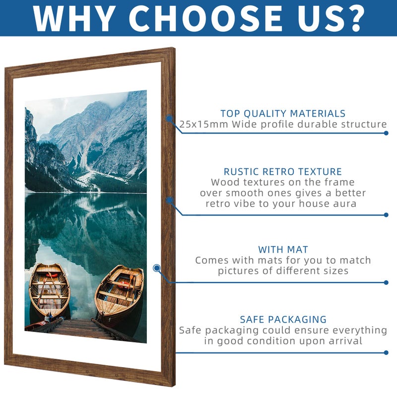 Hongkee 24x36 Poster Frame Set of 2, Rustic Brown Wood Style - Display 20x30 Picture with Mat or 24 x 36 Poster without Mat, Wall Mounting Horizontal and Vertical - Image 5