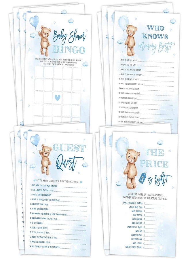 يور ماين إيفينت برينتس ألعاب حفل استقبال مولود ذكر من Your Main Event Prints، تتضمن: لعبة "Can Bearly Wait Blue Sky Bingo"، لعبة "Find The Guest"، لعبة "The Price is Right"، لعبة "Who Knows Mommy Best"، 25 لعبة من كل نوع. - Image 1