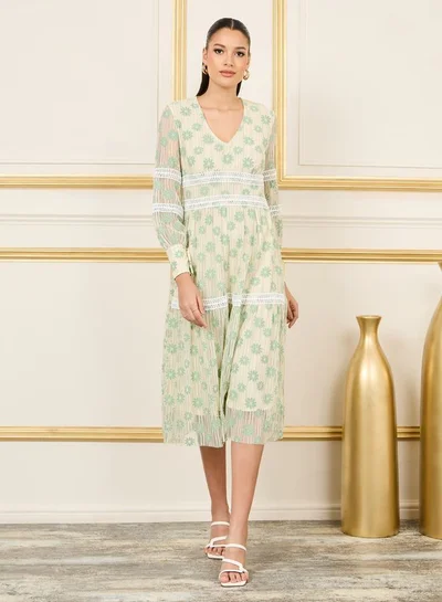 Styli Styli Floral Print Lace Detail Mesh Insert Tiered Midi Dress