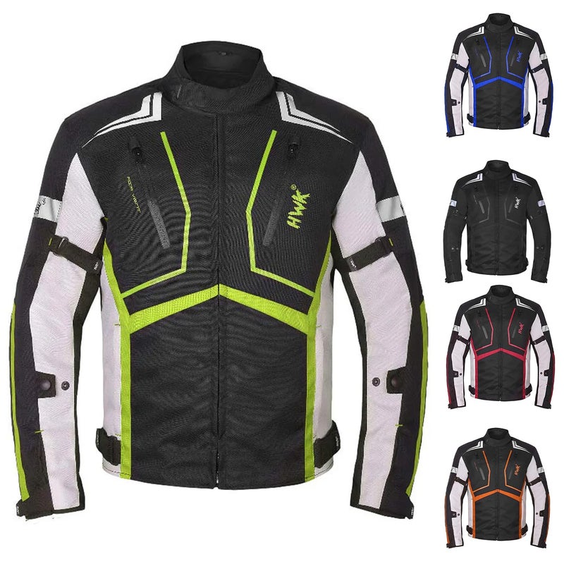 HWK Scorpion Motorcycle Jacket for Men & Women, Motorcycle Gear with Body Armor Foam Padding and Breathable Cordura Fabric, Reflective Motor Bike Jacket for Improved Night Visibility - Green, Medium