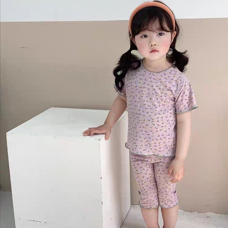 Girls Summer Silky Pajama Set Sweet Floral Retro Violet 