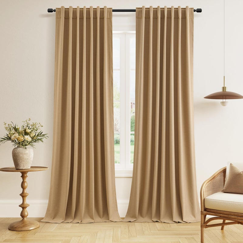 Guken 100% Blackout Linen Curtains 84 Inch Length 2 Panels Set for Living Room Bedroom Back Tab Thermal Insulated Black Out Linen Drapes Room Darkening Window Curtains 84 Inches Long,Camel Brown - Image 1