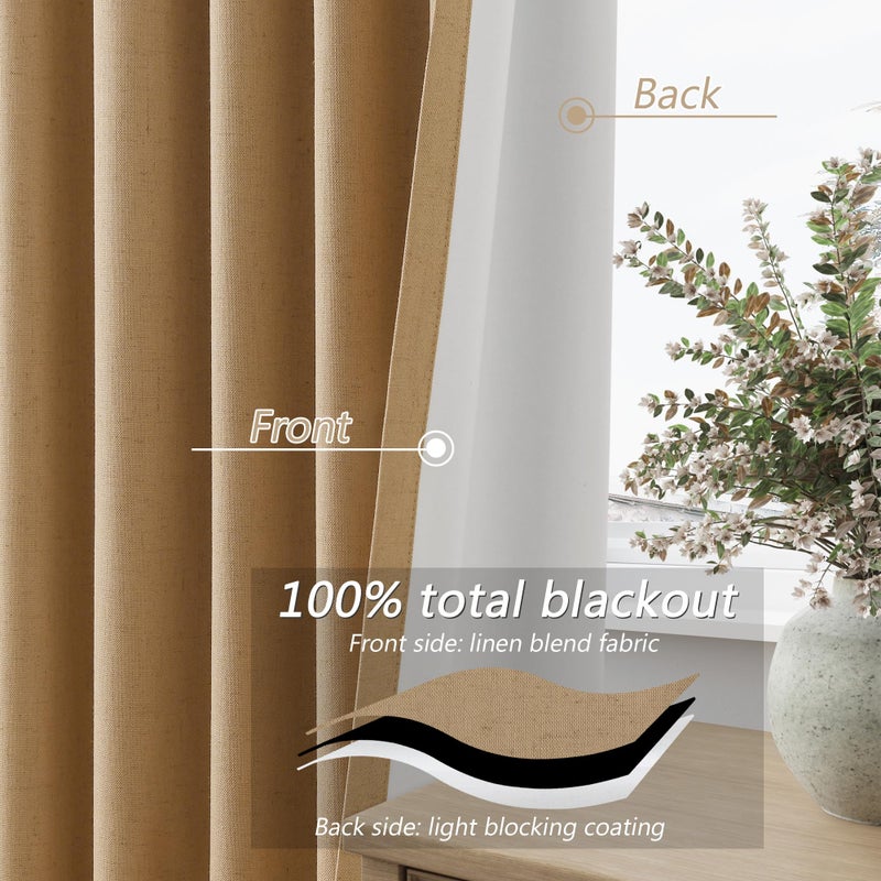 Guken 100% Blackout Linen Curtains 84 Inch Length 2 Panels Set for Living Room Bedroom Back Tab Thermal Insulated Black Out Linen Drapes Room Darkening Window Curtains 84 Inches Long,Camel Brown - Image 4