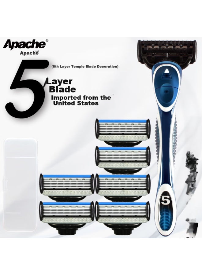 APACHE Apaqi American Imported 5-layer Blade Manual Razor, 1 Handle With 6 Blades And Storage Box - Image 1