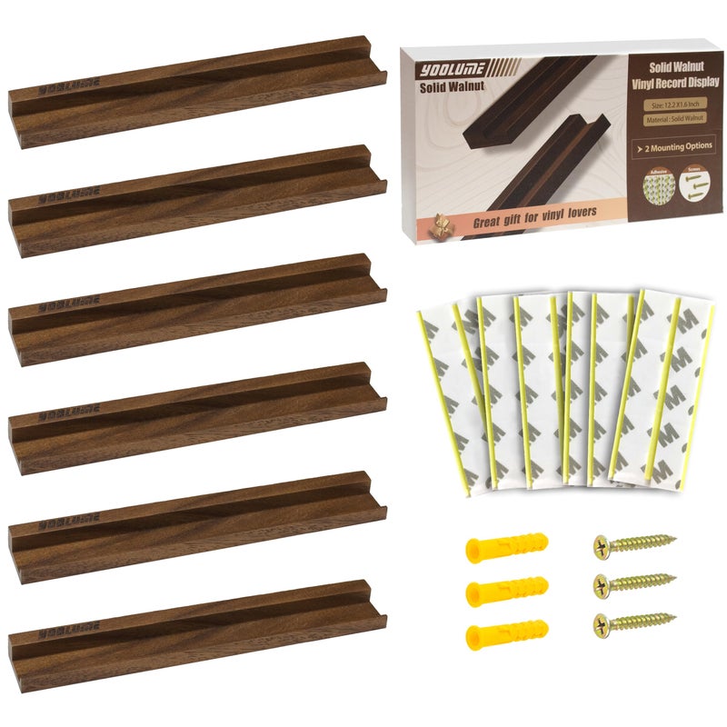 Yoolume Vinyl Wall Mount No Drill with 2 Mount OptionsAdhesive Screws 6 Pack Solid Walnut Wood Record Display No Screws Record Shelves for Wall Album Magazine Record Shelf Vinyl Holder Wall - Image 2