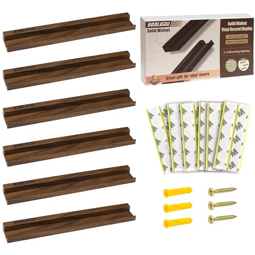 Yoolume Vinyl Wall Mount No Drill with 2 Mount OptionsAdhesive Screws 6 Pack Solid Walnut Wood Record Display No Screws Record Shelves for Wall Album Magazine Record Shelf Vinyl Holder Wall - Image 1