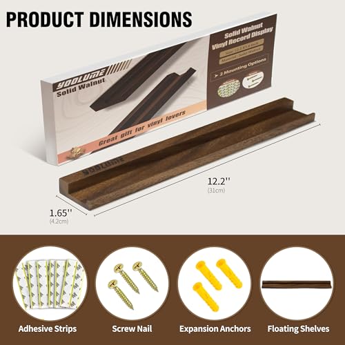 Yoolume Vinyl Wall Mount No Drill with 2 Mount OptionsAdhesive Screws 6 Pack Solid Walnut Wood Record Display No Screws Record Shelves for Wall Album Magazine Record Shelf Vinyl Holder Wall - Image 3