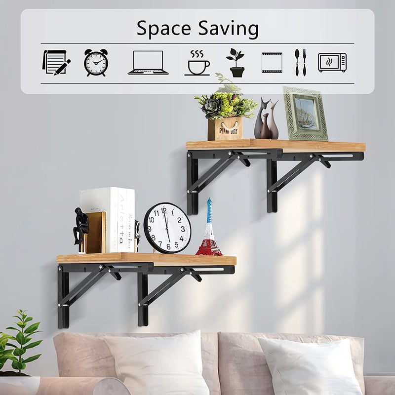 ZOKIXTO Folding Shelf Brackets 1 Pack Heavy Duty Metal Collapsible Shelf Bracket Wall Mounted Triangle Floating Shelf Bracket Space Saving DIY Shelf Hinge for Bench Table 8 Inch - Image 2