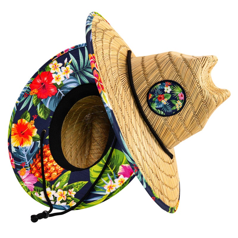 grinderPUNCH Lifeguard Hat Mens Straw Sun Hat for Outdoor, and Travel | UPF 50+ Sun Protection | Straw Beach Hat for Men (Tropical Pineapple) - Image 1