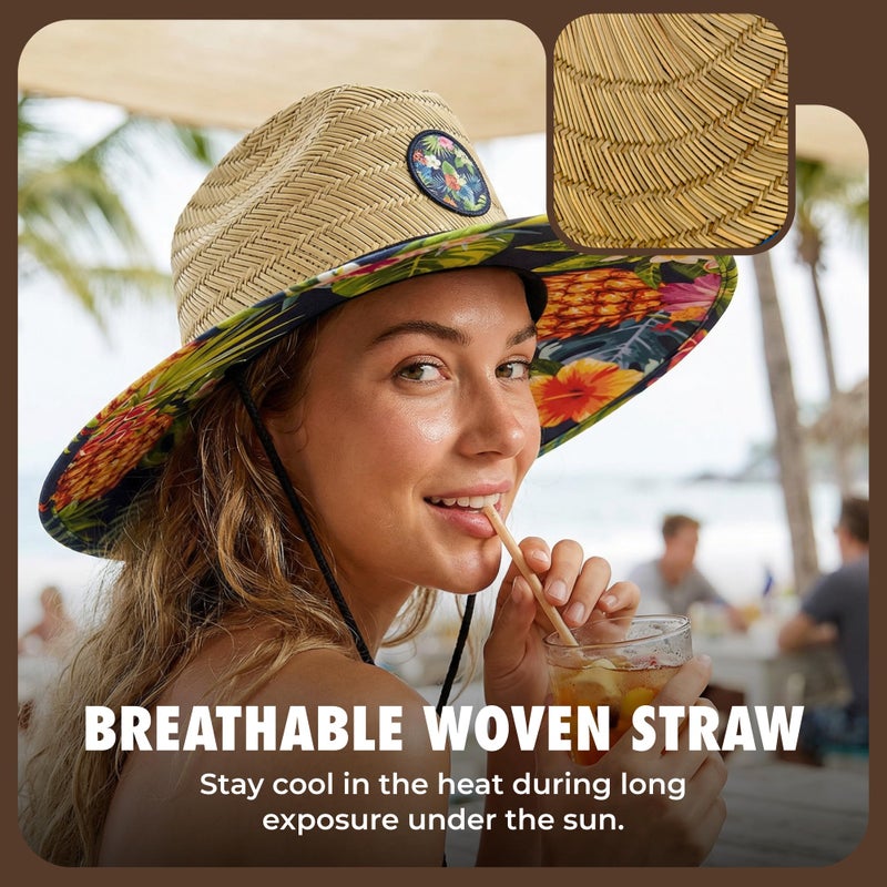 grinderPUNCH Lifeguard Hat Mens Straw Sun Hat for Outdoor, and Travel | UPF 50+ Sun Protection | Straw Beach Hat for Men (Tropical Pineapple) - Image 4
