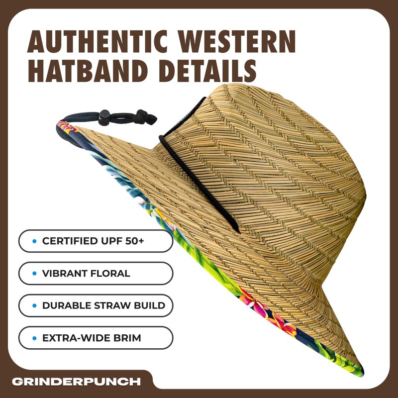 grinderPUNCH Lifeguard Hat Mens Straw Sun Hat for Outdoor, and Travel | UPF 50+ Sun Protection | Straw Beach Hat for Men (Tropical Pineapple) - Image 3