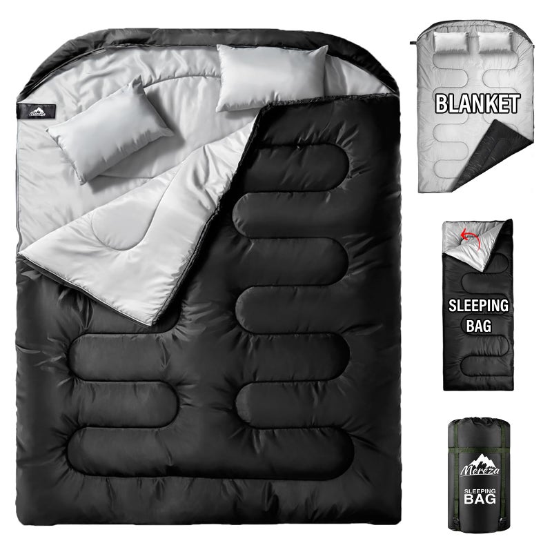 MEREZA Double Sleeping Bag for Adults Mens with Pillow, XL Queen Size Two Person Sleeping Bag for All Season Camping Hiking Backpacking 2 Person Sleeping Bags for Cold Weather & Warm - Image 1