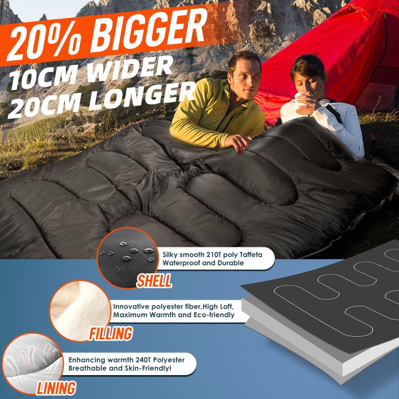 MEREZA Double Sleeping Bag for Adults Mens with Pillow, XL Queen Size Two Person Sleeping Bag for All Season Camping Hiking Backpacking 2 Person Sleeping Bags for Cold Weather & Warm - Image 2