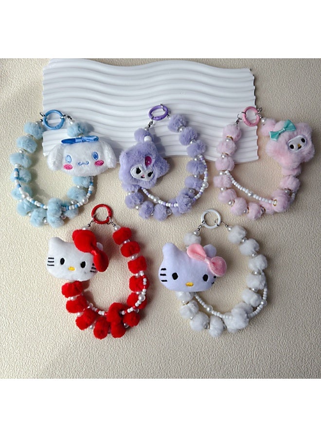 NIBEMINENT Beaded Phone Lanyard, Anti Lost Removable Wrist Strap, Fuzzy Round Ball Bracelet Pendant, Phone Keychain Lanyard,Purple - Image 2