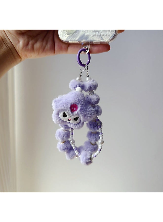 NIBEMINENT Beaded Phone Lanyard, Anti Lost Removable Wrist Strap, Fuzzy Round Ball Bracelet Pendant, Phone Keychain Lanyard,Purple - Image 1