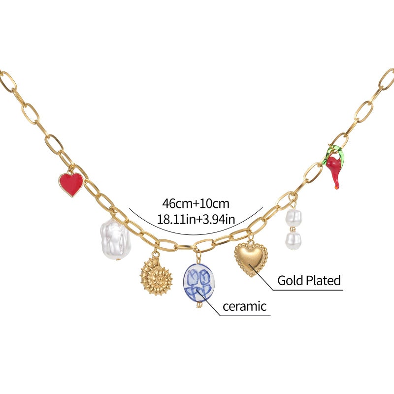 ALYXUY Trendy Stainless Steel Gold Plated Charm Necklace with Heart Pearl Pepper Conch Ceramic Pendant Necklace for Women Collares Chokers Jewelry (Collares Chokers) - Image 5