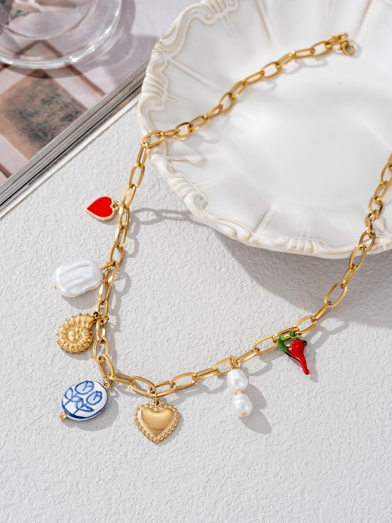 ALYXUY Trendy Stainless Steel Gold Plated Charm Necklace with Heart Pearl Pepper Conch Ceramic Pendant Necklace for Women Collares Chokers Jewelry (Collares Chokers) - Image 2